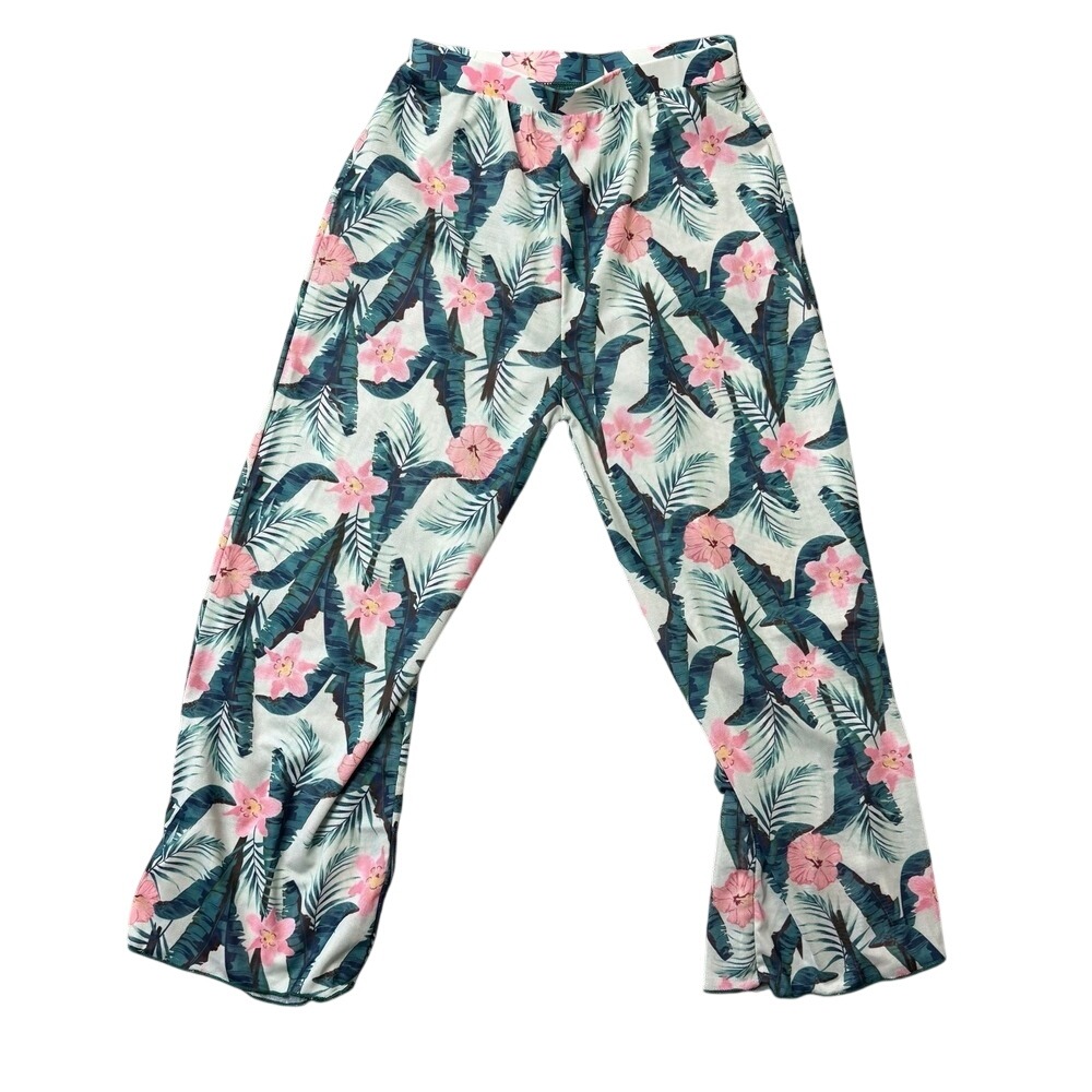 Tropical Floral Wide Leg Cover-Up Pants Girls 9y Green Boho Summer Beach Flowy
